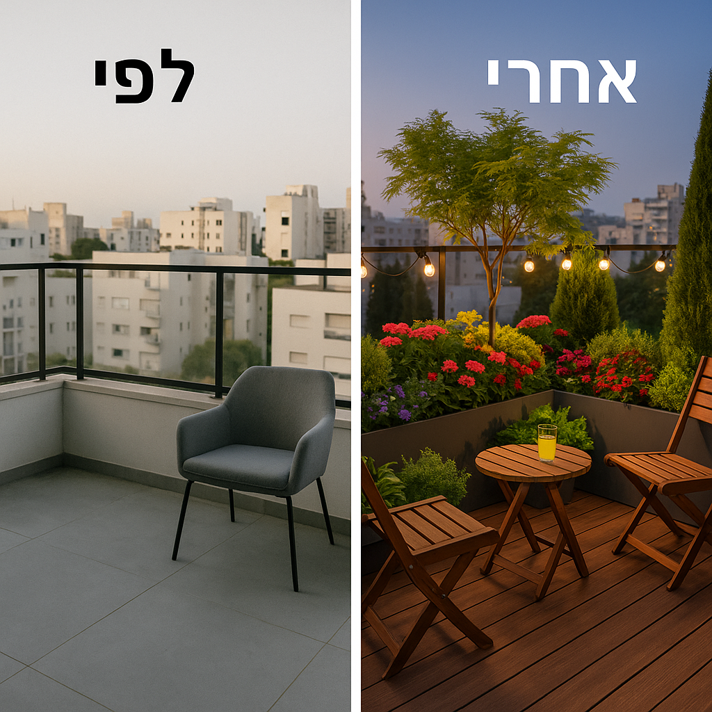 לפני השיפוץ - מרפסת קטנה - תל אביב: מ-כיסא בודד לגינת עציצים פורחת עם פינת ישיבה