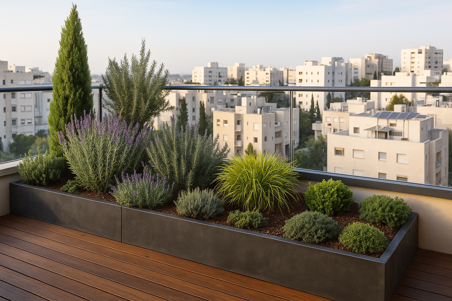 מרפסת עירונית מעוצבת עם אדניות מתכת שחורות וצמחים ירוקים מגוונים על רקע נוף עירוני